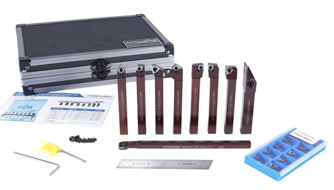 Accusize 3/8-in shank indexable carbide turning tool set with 9 pieces and 10 extra inserts in a metal case