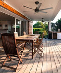Keep It Chill With This Dope 84 Inch Smart Ceiling Fan Engineered For Indoor Or Outdoor Zones With Whisper Quiet Motors installed above a wooden patio setting.