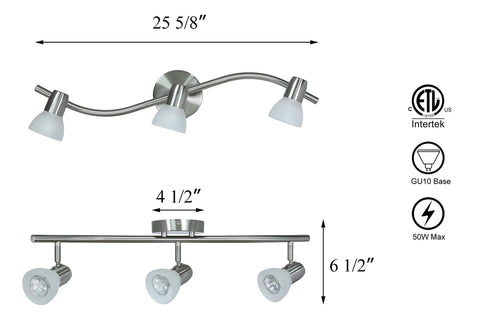 Dimensions and details of Three Light Kitchen Track Lighting With Modern S Shaped Ceiling Track Bar In Brushed Nickel Finish Lit Hardwired Track Light Kit For Kitchen Living Room Bath And Hallway.