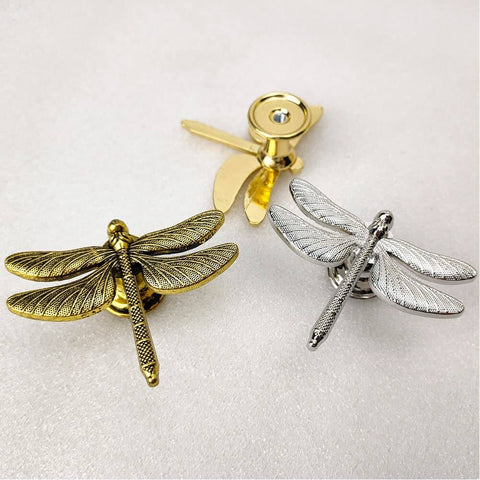 Two Dragonfly Drawer Knobs Set 6 Pieces in Ancient Gold, Modern Dresser Pulls for Closet, zinc alloy with wing detail, one silver, one gold.