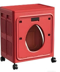 No Sweat Mobile Storage Bin With Flip Top Lid, Foldable Plastic Closet And Nursery Organizer Tote in red, viewed from front, on casters.