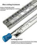 Close-up of Beefy 10 Inch Locking Drawer Slides With 260 Lb Capacity, highlighting blue sealing treatment and locking device.