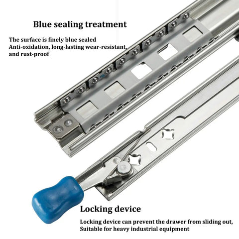Close-up of Beefy 10 Inch Locking Drawer Slides With 260 Lb Capacity, highlighting blue sealing treatment and locking device.