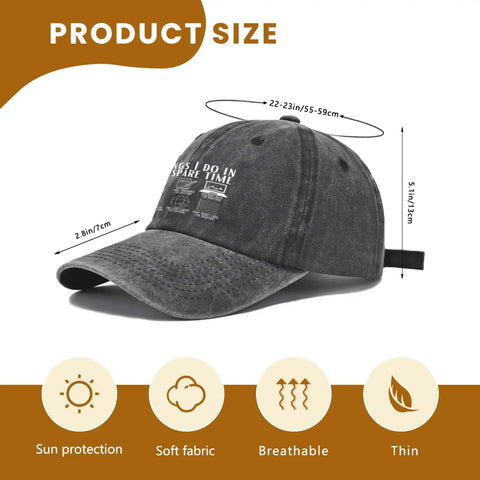 Funny RV Caravan Lover Travel Cap Lightweight Soft Cotton Baseball Hat with measurements and features
