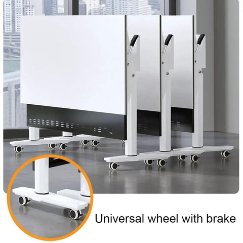 Top Shelf Flip Top Mobile Training Table And Two Chair Set With Dead Simple Folding Operation Tough Rolling Casters Smart Storage Tray And Modesty Shield For Active Rooms, showing universal wheel with brake.