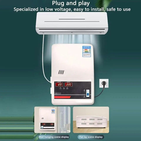 No Sweat Heavy Duty Automatic Voltage Stabilizer Built Tough For Your Home Gear Pure Copper Coils Dual Digital Display Surge Protection 220V Wall Mount Power Regulator mounted on wall with digital output display