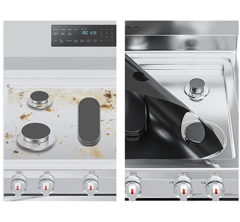 30 Inch Gas Cooktop Saver Mat With Whole Piece Design Washable Teflon Coated Shield showing before and after cleaning mess.