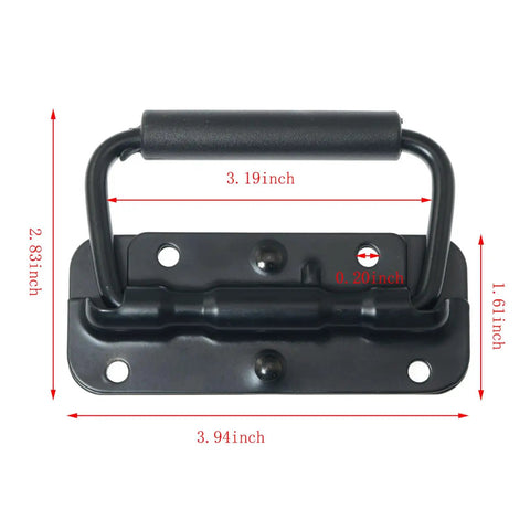 Hella Sturdy Black Spring Loaded Folding Carry Handle With Slick Rubber Grip Heavy Duty Surface Mount Brackets measuring 3.19x2.83 inches.