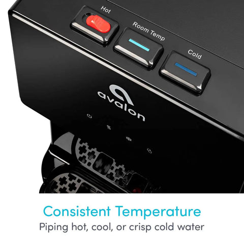 Control panel of Bottom Loading Water Cooler Dispenser With Three Temperature Settings Hot Cold And Room Water No Fuss Stainless Steel Cabinet UL Energy Star Approved great for home and office use