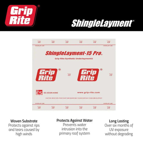 Top Shelf Shingle Underlayment Super Smooth Polypropylene Roofing Paper 4 Ft By 250 Ft Roll shown with Grip-Rite branding features.