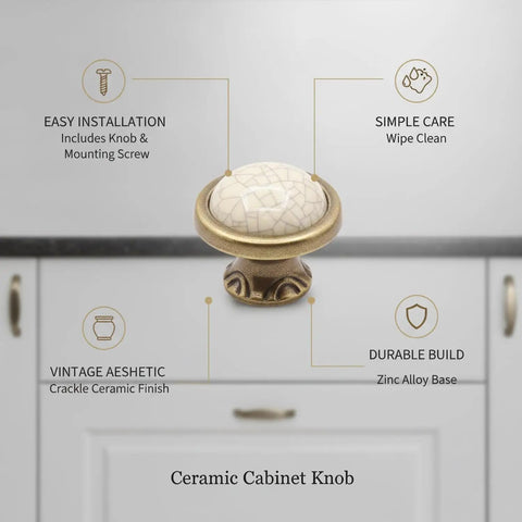 Close-up of Crackle Finish Ceramic Cabinet Knob With Heavy Duty Zinc Alloy Core for kitchen or bathroom drawer makeover.