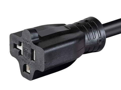 Heavy Duty Locking Power Cord L5-20P Plug To NEMA 5-15/20R Receptacle 20 Amp 125 Volt 12 AWG 2 Foot Black Built Tough For Power Tools Generators RVs Home Workshop Use black locking plug close-up