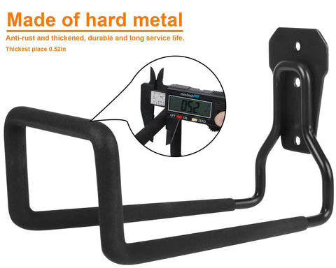 Heavy Duty Metal Garden Hose Holder Wall Mounted Outdoor Water Hose Reel Rust Proof Steel Hanger measuring 0.52 inches thick.