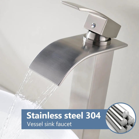 Wide Waterfall Spout Vessel Sink Faucet In Brushed Nickel Tall Above Counter Single Handle Vanity Lavatory Faucet For Single Hole Basins No Fuss Easy Install Durable SUS304 Construction Scratch Resistant showing water flow