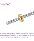 Two Pack 100mm Fully Threaded Lead Screws With Brass Nut Kit For 3D Printers And CNC Machines, 8mm Diameter, 8mm Lead, 2mm Pitch, Stainless Steel Thread Rods For Smooth, Precise Motion And Solid Performance shown with one brass nut on a threaded rod.