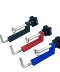 Heavy Duty Aluminum Quick Release Picture Frame Clamp With Right Angle Design And Rock Solid 600 Pound Grip Scratch Free Rubber Pads For No Sweat Woodworking Assembly Green in red, black, and blue colors.