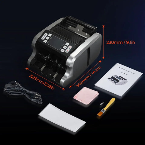 Mixed Denomination Money Counter For Businesses With Multi Currency Support And Value Counting That Counts Fast Like A Boss, UV MG IR MT Bill Verification, 3.5 Inch TFT Display Printer Enabled Cash Counter For USD EUR MXN with accessories and dimensions shown