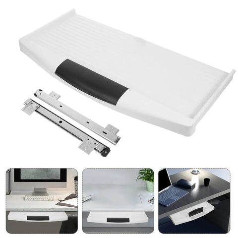 Heavy Duty Sliding Keyboard Tray With Built In Pen Slot And Slick Silver Glide Rails For No Sweat Under Desk Organization and Your Best Ever Office Setup Upgrade.
