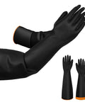 Tough As Nails 22 Inch Heavy Duty Rubber Gloves For Household Chores And Professional Cleaning Reusable Chemical Resistant Safety Gear With Ergonomic Comfort Fit in black with orange cuffs.