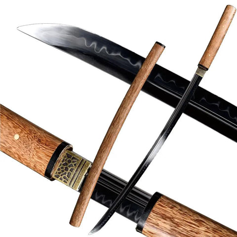 Handmade Japanese Samurai Sword With T10 Steel Blade, 27 Inch, Full Tang, Heat Tempered With Hamon, Wood Handle And Full Wooden Scabbard For Martial Arts