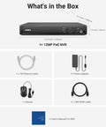 What's in the box for 12MP 8 Channel PoE NVR Security System With H265 Plus Motion Detection, including cables and user manual.