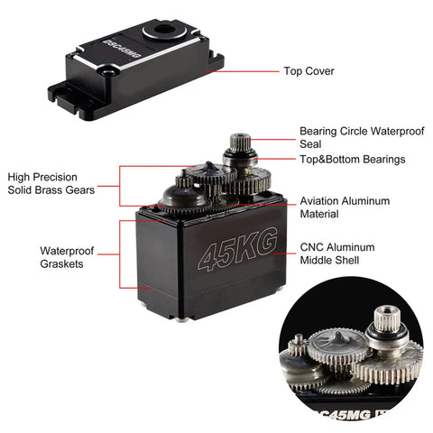Pro Grade Heavy Duty Digital Steering Servo DSC45MG 45kg Torque Metal Case close-up showing metal gears and waterproof features.