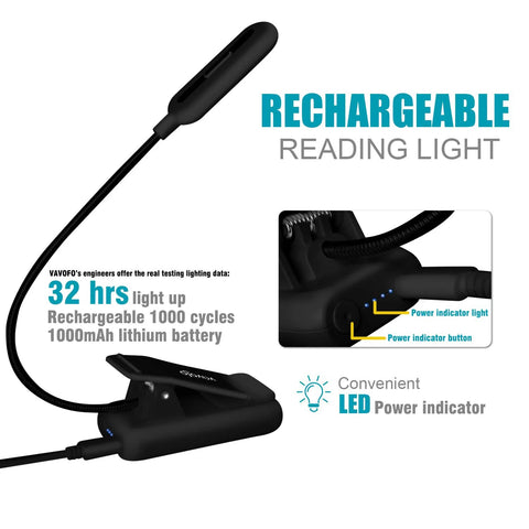 VAVOFO black clip-on rechargeable reading light with flexible neck and 7 LEDs; power indicator on base.