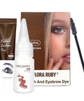 Flora Ruby eyelash and eyebrow dye kit with developer, dye tube, and applicator brush for enhancing eyebrows.