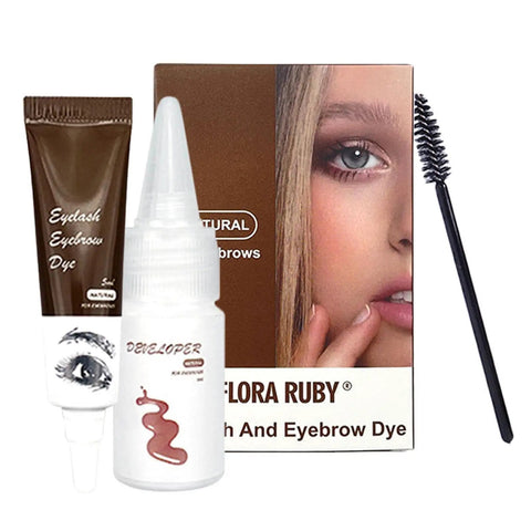 Flora Ruby eyelash and eyebrow dye kit with developer, dye tube, and applicator brush for enhancing eyebrows.