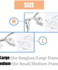 Sizes for 5 Piece Screw In U Shaped Eyeglass Nose Pads showing large and medium options for perfect fitting.