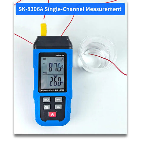 Top Shelf Digital Thermocouple Thermometer With K And J Type High Temperature Meter and Heavy Duty Data Logger measuring in liquid.
