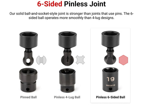 Comparison of pinned ball, pinless 4-lug ball, and pinless 6-sided ball joint for 3/8 Inch Drive Shallow 6 Point Universal Joint Impact Socket 14mm