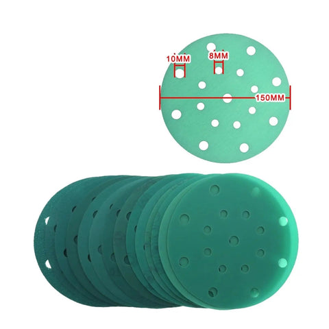 Heavy Duty 6 Inch Sanding Discs With 17 Holes for Random Orbital Sanders, showing multiple discs with ventilation holes.
