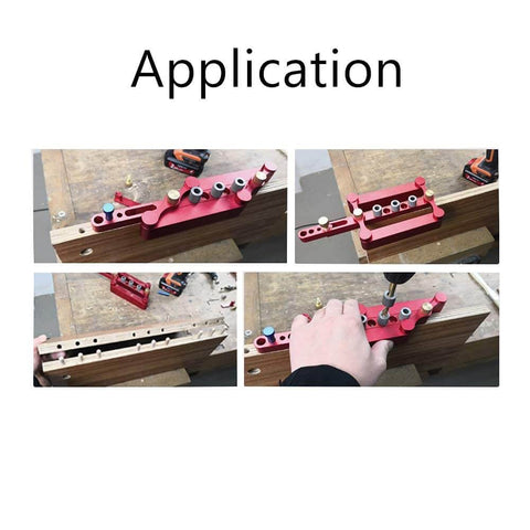 Self Centering Doweling Jig For Woodworking Drill Guide With 1/4 Inch, 5/16 Inch, And 3/8 Inch Positioner Locators in use on wood