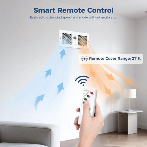 Remote control demonstration of Room To Room Air Transfer Fan With Two Way Reversible Through Wall Ventilation 300 CFM Dual Fans.