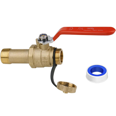 Lead Free Brass Water Heater Drain Valve With Full Port Flow For Faster Draining 3/4 MIP To 3/4 GHT Connection shown with fittings