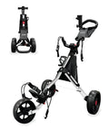 Legit Top Tier Aluminum Golf Push Cart Three Wheel Lightweight Folding Caddie in silver with sip holder and mesh net.