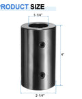 Heavy Duty Rigid Shaft Coupling Machined From Black Oxide Carbon Steel For Zero Slack Torque Transfer On 3D Printers And Motor Drivers featuring a size of 1-1/4" by 4".