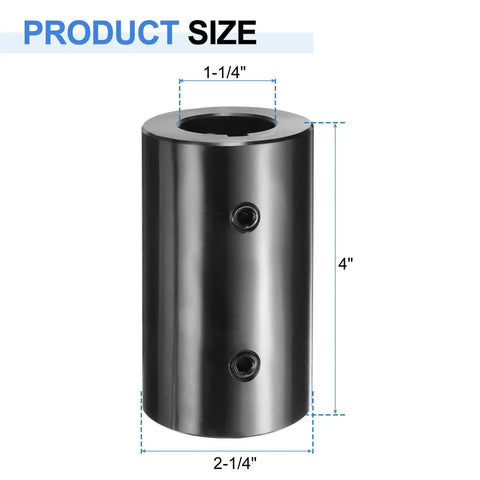 Heavy Duty Rigid Shaft Coupling Machined From Black Oxide Carbon Steel For Zero Slack Torque Transfer On 3D Printers And Motor Drivers featuring a size of 1-1/4" by 4".