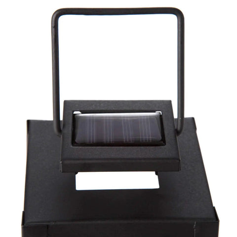 Outdoor Solar Lanterns With Flameless Candles Two Pack 11 Inch Tall Black Metal Glass Lanterns With Solar Panel Top View