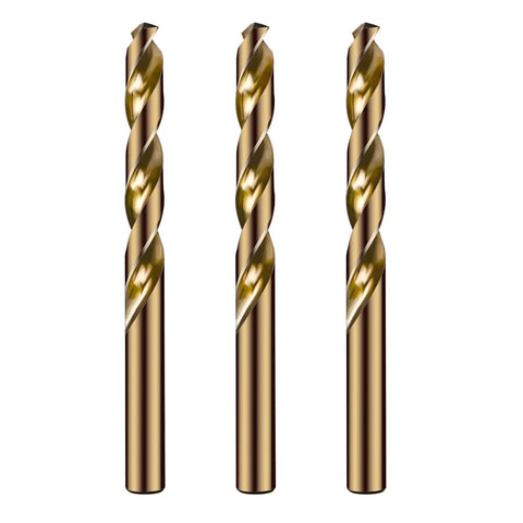 Workhorse Half Inch Cobalt Drill Bits Set Three Pack Heavy Duty Industrial Grade M35 Cobalt with 135 Degree Split Point displayed