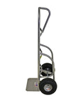 Side view of Heavy-Duty Welded Aluminum Hand Truck With P-Handle, 800-Pound Load Capacity, Lightweight Aluminum Build, 10-Inch Pneumatic Tires