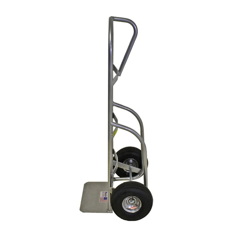 Side view of Heavy-Duty Welded Aluminum Hand Truck With P-Handle, 800-Pound Load Capacity, Lightweight Aluminum Build, 10-Inch Pneumatic Tires