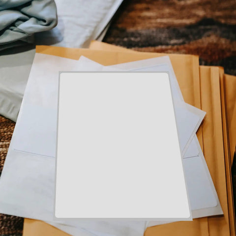 160 Sheets 4x6 Inch Waterproof Synthetic Paper Shipping Labels with ample writing space stacked on envelopes