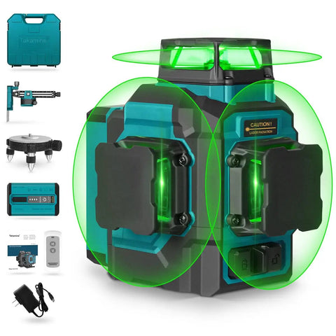 Go-To 3x360 Green Laser Level With 12 Lines, Self-Leveling 3D Cross Lines For Construction And Picture Hanging, accessories visible