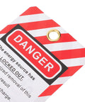 Close-up of Six Pack Industrial Safety Lockout Tags Do Not Operate Hanging Labels showing 'DANGER' sign with red stripes and grommet.