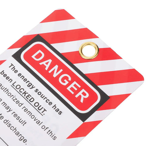 Close-up of Six Pack Industrial Safety Lockout Tags Do Not Operate Hanging Labels showing 'DANGER' sign with red stripes and grommet.