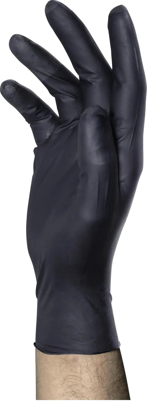Top Shelf Black Nitrile Disposable Gloves Powder Free Latex Free With Textured Grip And Compression Fit Xl 7 Mil Heft Built Badass For Auto Detailing Paint Jobs Garage Grind And Food Service Shifts Sealed In A Box Of One Hundred - close-up of a gloved hand