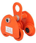 Orange Workhorse 2 Ton Manual I Beam Trolley with dual wheels and corrosion-resistant steel for straight and curved beams.