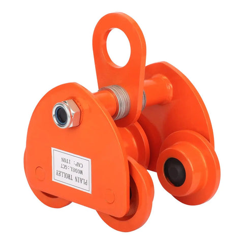Orange Workhorse 2 Ton Manual I Beam Trolley with dual wheels and corrosion-resistant steel for straight and curved beams.